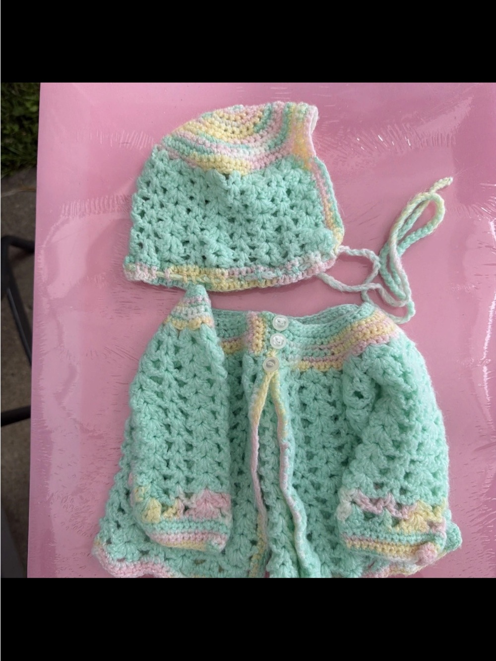 Handmade Mint Crochet Baby Hat & Cardigan Set - Pastel Trim
